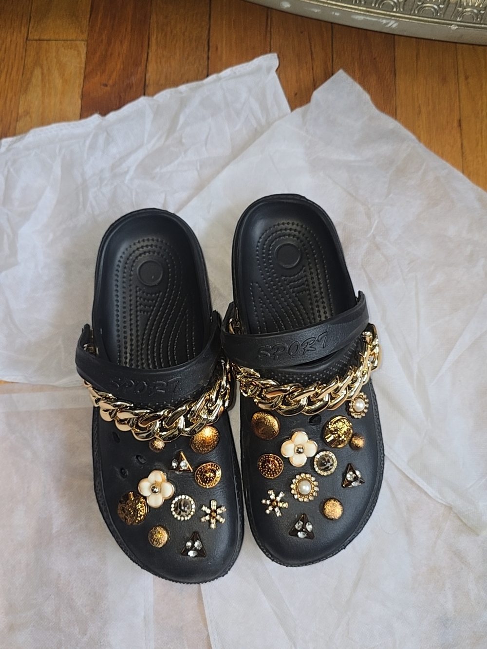Black Jeweled Chain Slide Clogs